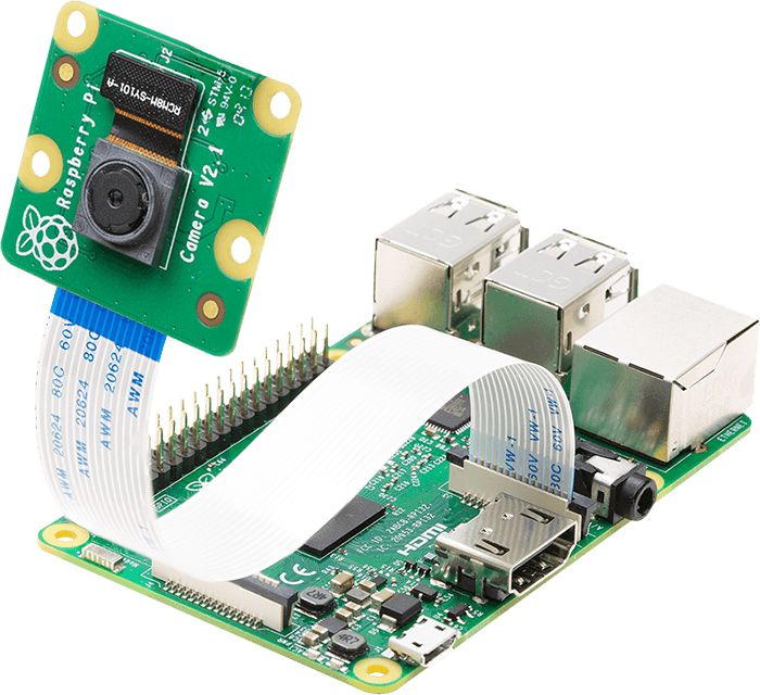 The Raspberry Pi Model B with the camera module attached