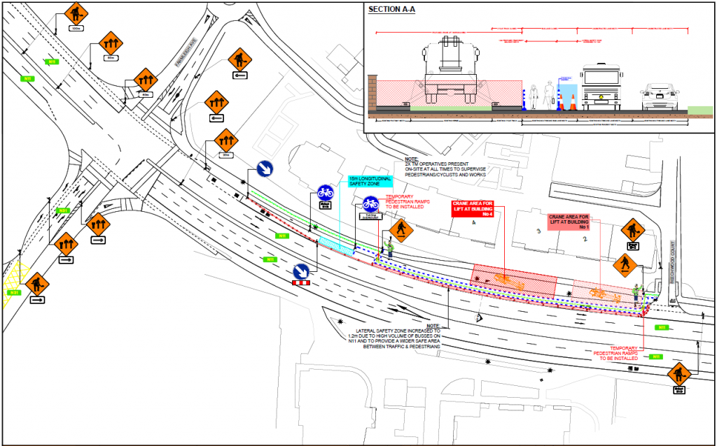 A detailed outline of a city street, indicating the road, sidewalk, bike lanes, traffic signs.